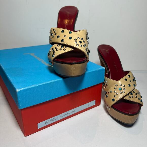 Jean-Michel Cazabat Platform Sandals Tan Leather Rhinestone 5 Inch Heel Sz 7.5 - Picture 3 of 12